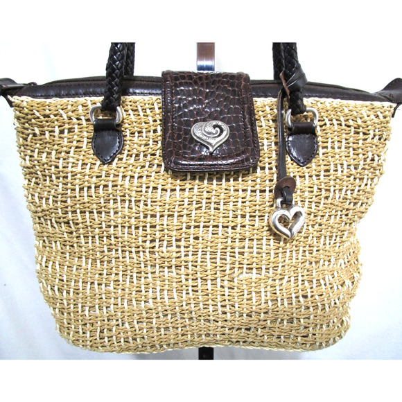Brighton Penelope Med. Sz. Heart Straw, Leather Shoulder Tote Handbag - Picture 2 of 10